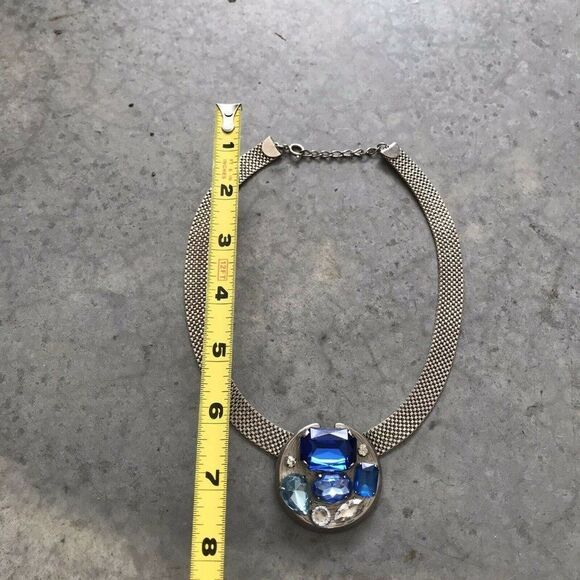 1980s Statement Blue Silver Crystal Stainless Steel Pendant Chainlink Necklace - Picture 4 of 10